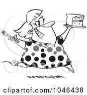 Poster, Art Print Of Cartoon Black And White Outline Design Of A Woman Running With Birthday Cake