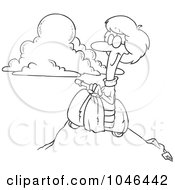 Royalty Free RF Clip Art Illustration Of A Cartoon Black And White Outline Design Of A Woman On A Scooter On Top Of A Mountain