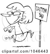 Cartoon Black And White Outline Design Of A Woman Running Past A Caution Sign