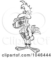 Cartoon Black And White Outline Design Of A Punky Rooster With A Boom Box