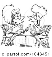 Royalty Free RF Clip Art Illustration Of A Cartoon Black And White Outline Design Of Friends Talking Over Coffee