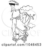 Royalty Free RF Clip Art Illustration Of A Cartoon Black And White Outline Design Of A Rhino Hanging On A Branch On A Cliff