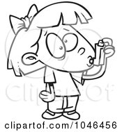 Poster, Art Print Of Cartoon Black And White Outline Design Of An Asthmatic Girl Using Her Inhaler Puffer