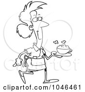Poster, Art Print Of Cartoon Black And White Outline Design Of A Waitress Serving Cappuccino