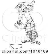 Royalty Free RF Clip Art Illustration Of A Cartoon Black And White Outline Design Of A Baseball Catcher