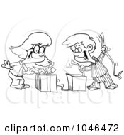 Royalty Free RF Clip Art Illustration Of A Cartoon Black And White Outline Design Of A Boy And Girl Opening Christmas Gifts