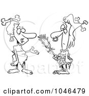 Royalty Free RF Clip Art Illustration Of A Cartoon Black And White Outline Design Of Talking Cave Women
