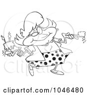 Royalty Free RF Clip Art Illustration Of A Cartoon Black And White Outline Design Of A Woman Eating Birthday Cake