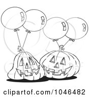 Poster, Art Print Of Cartoon Black And White Outline Design Of Jackolanterns And Party Balloons