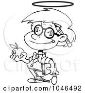 Royalty Free RF Clip Art Illustration Of A Cartoon Black And White Outline Design Of An Innocent School Boy With An Apple by toonaday