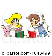 Poster, Art Print Of Cartoon Boy And Girl Opening Christmas Gifts