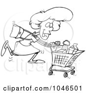 Poster, Art Print Of Cartoon Black And White Outline Design Of A Grocery Shopping Woman