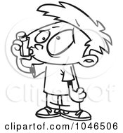 Royalty Free RF Clip Art Illustration Of A Cartoon Black And White Outline Design Of An Asthmatic Boy Using An Inhaler