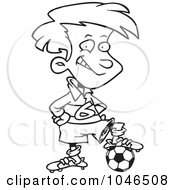 Royalty Free RF Clip Art Illustration Of A Cartoon Black And White Outline Design Of A Posing Soccer Boy
