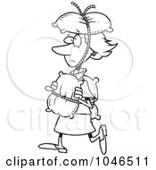 Cartoon Black And White Outline Design Of A Cautious Woman Covered In Pillows