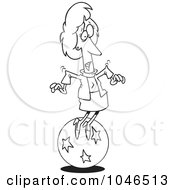 Poster, Art Print Of Cartoon Black And White Outline Design Of A Businesswoman Trying To Balance On A Ball