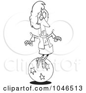 Royalty Free RF Clip Art Illustration Of A Cartoon Black And White Outline Design Of A Businesswoman Trying To Balance On A Ball