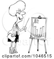 Royalty Free RF Clip Art Illustration Of A Cartoon Black And White Outline Design Of A Businesswoman Presenting A Bar Graph by toonaday