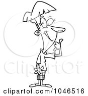 Cartoon Black And White Outline Design Of A Woman Gesturing To Call