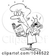 Royalty Free RF Clip Art Illustration Of A Cartoon Black And White Outline Design Of A New Mom Reading A Parenting Book