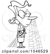 Cartoon Black And White Outline Design Of A Patient Woman With Cobwebs