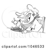 Poster, Art Print Of Cartoon Black And White Outline Design Of A Fat Woman Eating Spaghetti