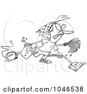 Poster, Art Print Of Cartoon Black And White Outline Design Of A Grumpy Woman Spring Cleaning
