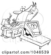 Cartoon Black And White Outline Design Of A Computer In Therapy