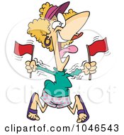 Cartoon Woman Waving Flags At A Parade