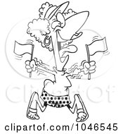 Cartoon Black And White Outline Design Of A Woman Waving Flags At A Parade