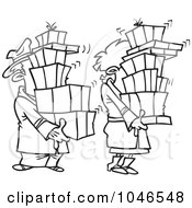 Royalty Free RF Clip Art Illustration Of A Cartoon Black And White Outline Design Of A Shaking Couple Carrying Packages