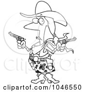 Royalty Free RF Clip Art Illustration Of A Cartoon Black And White Outline Design Of A Cowgirl Holding Guns