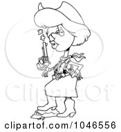 Royalty Free RF Clip Art Illustration Of A Cartoon Black And White Outline Design Of A Cowgirl Blowing On A Smoking Gun