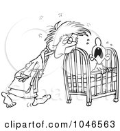Poster, Art Print Of Cartoon Black And White Outline Design Of A Tired Mother Tending To Her Baby