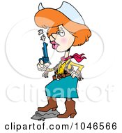 Royalty Free RF Clip Art Illustration Of A Cartoon Cowgirl Blowing On A Smoking Gun by toonaday