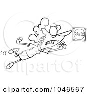 Royalty Free RF Clip Art Illustration Of A Cartoon Black And White Outline Design Of A Lady Pushing A Panic Button by toonaday