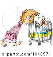 Cartoon Tired Mother Tending To Her Baby