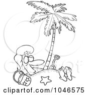 Cartoon Black And White Outline Design Of A Woman Buried In Sand Under A Palm Tree
