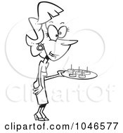 Royalty Free RF Clip Art Illustration Of A Cartoon Black And White Outline Design Of A Party Hostess Serving Snacks by toonaday