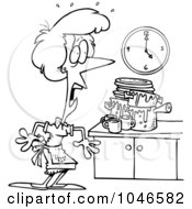 Cartoon Black And White Outline Design Of A Woman Panicking In A Messy Kitchen