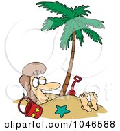Cartoon Woman Buried In Sand Under A Palm Tree