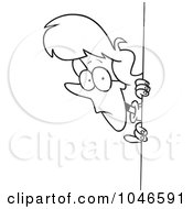 Royalty Free RF Clip Art Illustration Of A Cartoon Black And White Outline Design Of A Woman Peeking Around A Corner