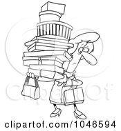 Poster, Art Print Of Cartoon Black And White Outline Design Of A Shopping Woman Carrying Packages