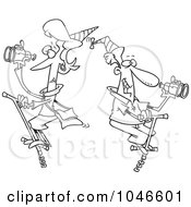 Cartoon Black And White Outline Design Of A Couple Patrolling On Pogo Sticks