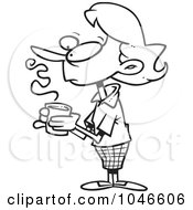 Poster, Art Print Of Cartoon Black And White Outline Design Of A Thinking Woman Holding Coffee