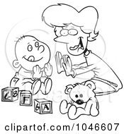 Poster, Art Print Of Cartoon Black And White Outline Design Of A Mom Playing Patty Cake With Her Baby