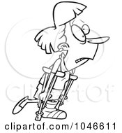 Poster, Art Print Of Cartoon Black And White Outline Design Of A Woman Using Crutches