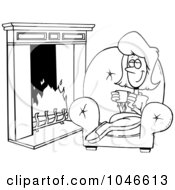 Cartoon Black And White Outline Design Of A Woman Drinking Coffee By A Fireplace