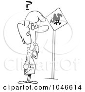 Poster, Art Print Of Cartoon Black And White Outline Design Of A Woman Looking At A Camel Crossing Sign