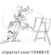 Poster, Art Print Of Cartoon Black And White Outline Design Of A Female Artist Painting
